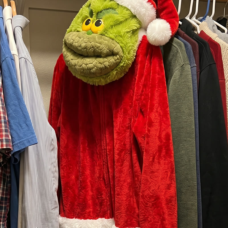 Customer photo of the onesie hanging in a closet